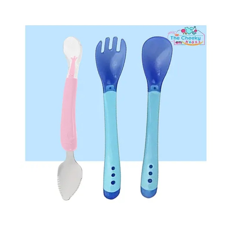 The Cheeky Kidzz Baby Double Head Bendable Silicone Steel Scrapper Spoon with Heat Sensitive Spoon Fork Set For Babies BPA Free (MULTICOLOURS)