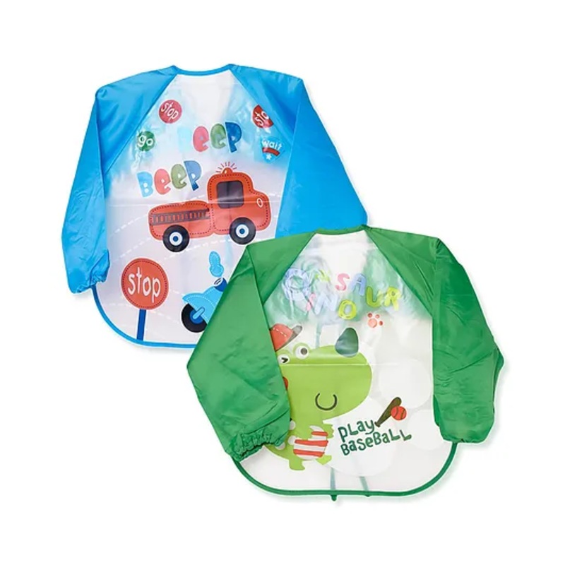 The Little Lookers Full Sleeves Washable PVC Waterproof Bibs Pack Of 2 – Green Blue