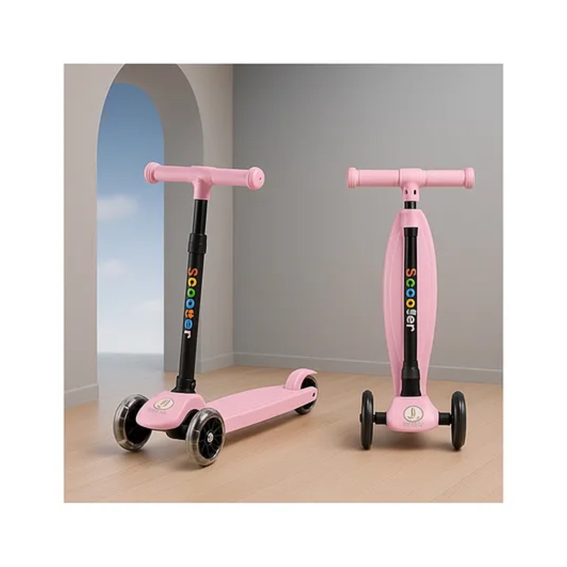 Tinyberg Vroom Vroom Kids Scooter with LED Flashing Wheels | Adjustable Handle Height | Foldable I Runner Scooter for Kids – Blueberry Pink