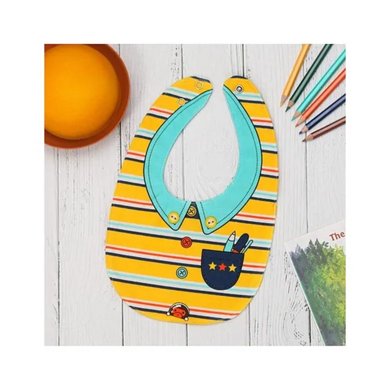 Yellow Bee Cotton Striped and Shirt Pattern Reversible Bib with Double Closure for Boys Yellow and Blue