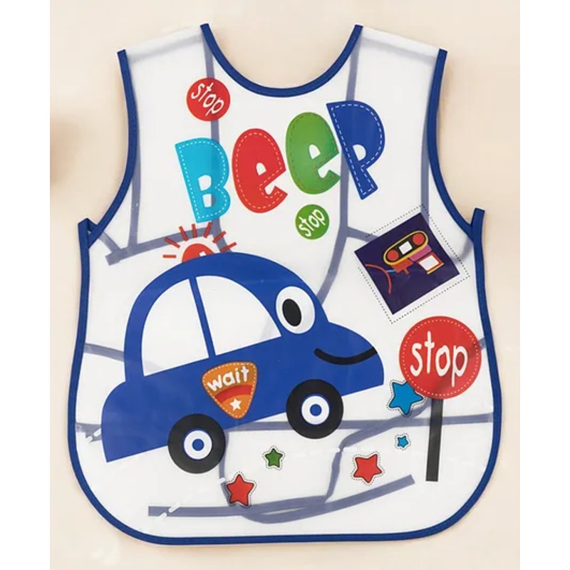 Yellow Bee PVC Car-Themed Waterproof Bib with Stop Sign and Traffic Icons for Boys, Dark Blue