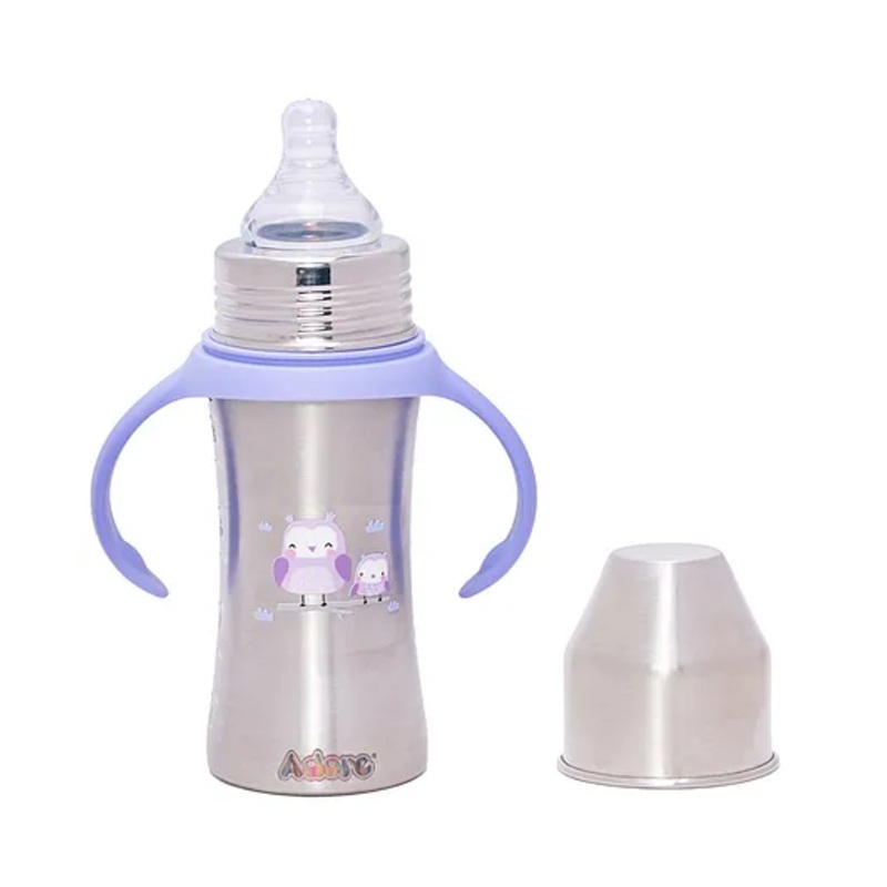 Adore Magnus! Premium Wide neck Stainless Steel Feeding Bottle with anti-colic teat and Handle 250 ml- Purple