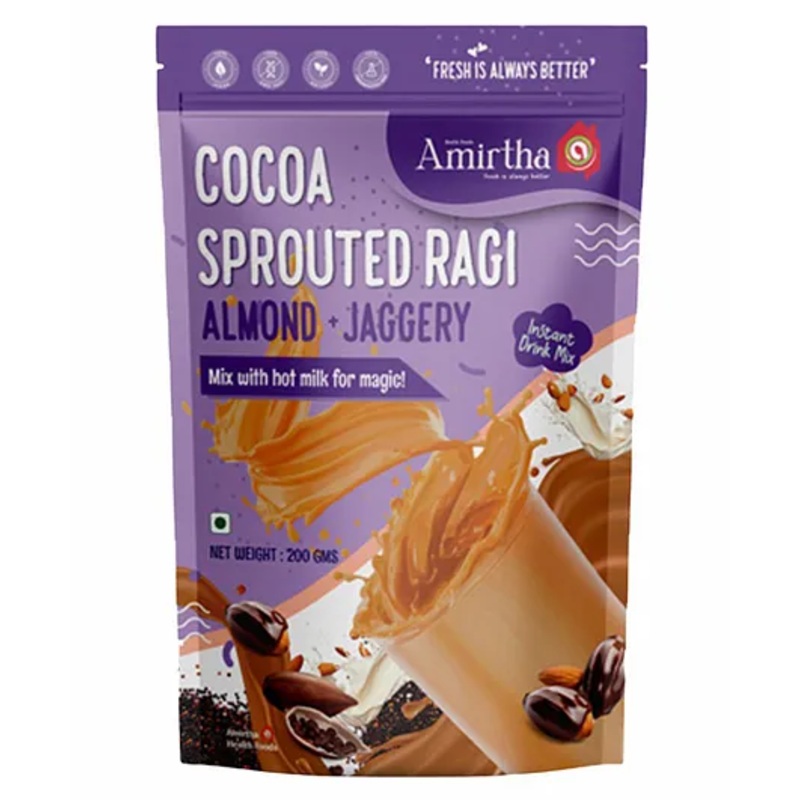 Amirtha Health Foods – Cocoa Sprouted Ragi Almond Drink mix – 400g |  Chocolate Drink (Mild & pure cocoa) | Instant – Mix with milk | No Refined sugar