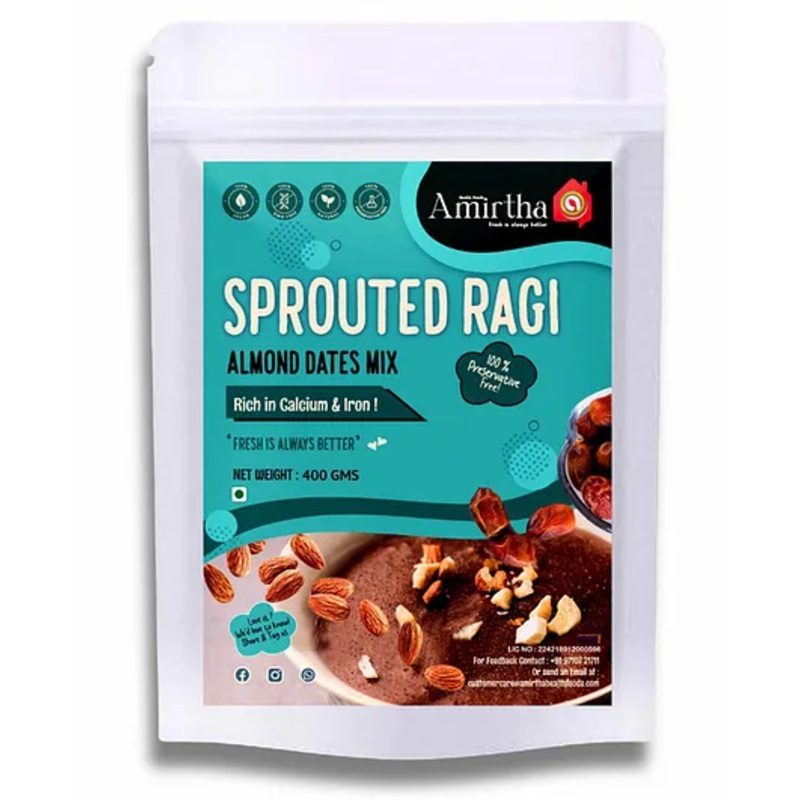 Amirtha Health Foods – Sprouted Ragi Almond Dates Mix- 400g | Iron & Calcium | Non-Instant mix | Porridge, Puttu, Dosa, Rotis