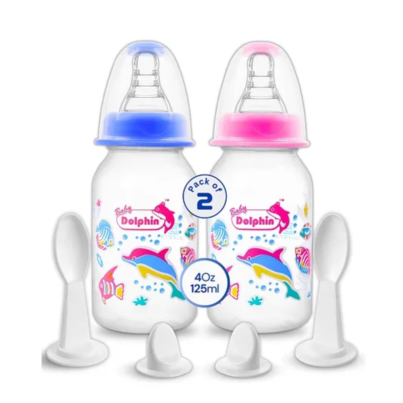 Baby Dolphin Anti-Colic 2 in 1 Spoon Feeding Bottle, BPA Free, Contains Spoon- 125ml, Blue & Pink (Pack of 2)