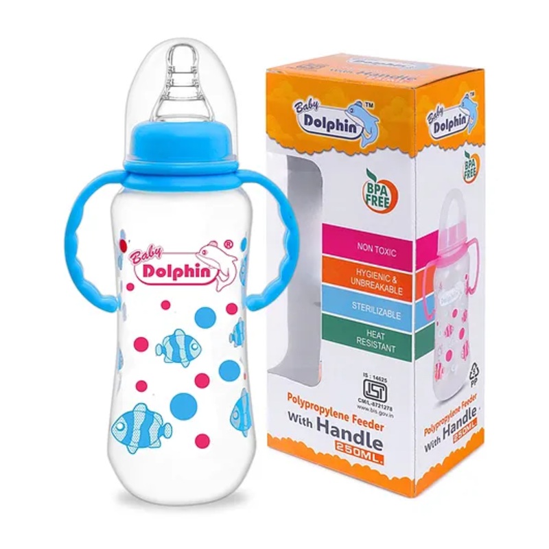 Baby Dolphin Anti-Colic Plastic Feeding Bottle 250ml with Handle | Liquid Silicone Nipple | BPA Free| Anti-Colic | Handle Feeding Bottle | Baby Milk Bottle| Butterfly |Sky Blue.