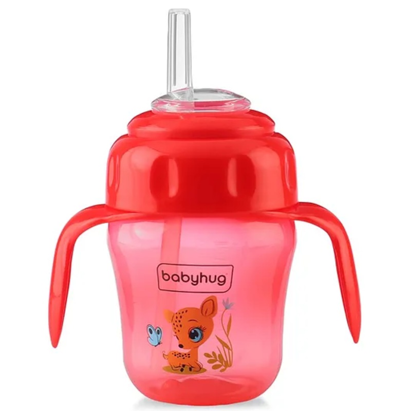 Babyhug Sipper Cup with Soft Silicone Spout & Straw Deer Print Red – 150 ml