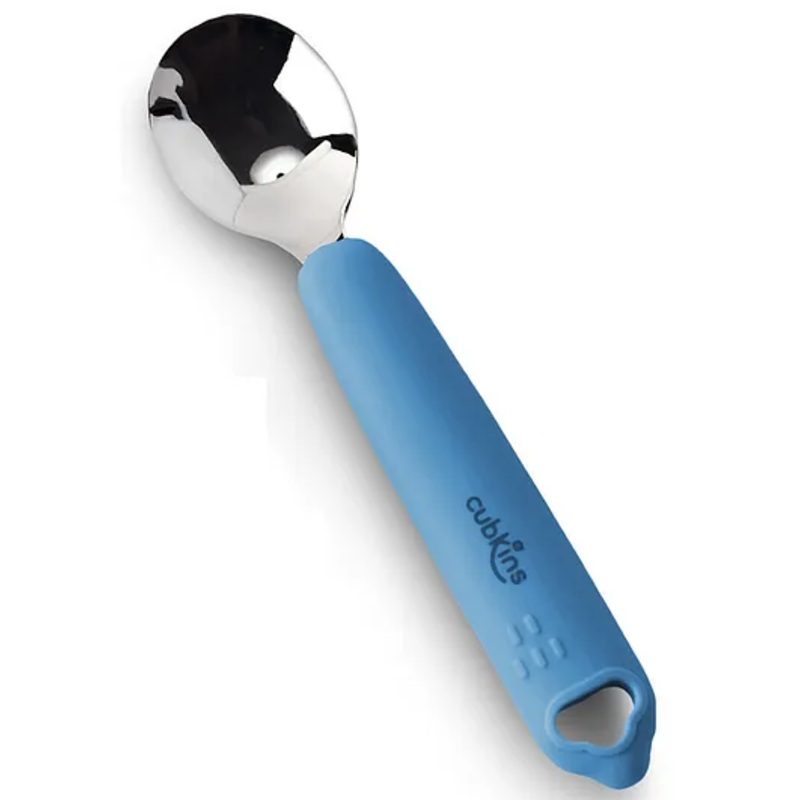 CUBKINS Spoon for Babies, Infants & Toddlers with Stainless Steel Head & Silicone Handle | No Sharp Edges | BPA Free, Food Grade, FDA Approved | Washable & Reusable (Blue Olive)