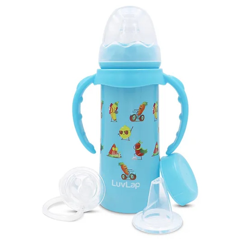 LuvLap 4-in-1 Slim Neck Steel Baby Bottle & Sipper with Handle, SS304 Rust-Free, BPA Free, Anti-Colic, Weighted Straw & Cap, Blue, 240ml, 3M+