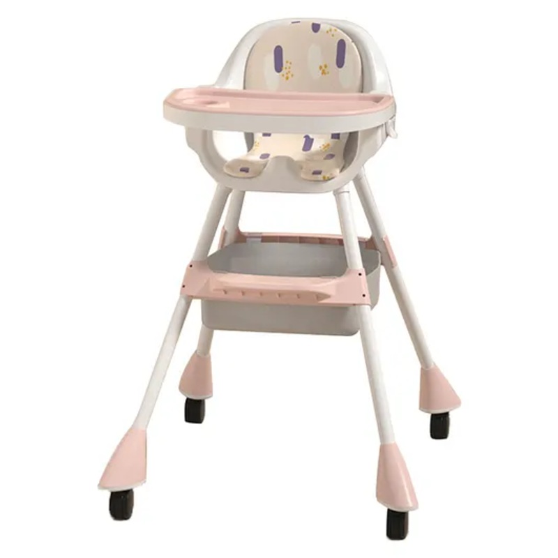 Multifunctional 3-in-1 High Chair With High Chair Normal Chair & Short Chair Convertibility – Pink| Adjustable Double Layer Food Tray| Removable Wheels| Anti-skid Legs