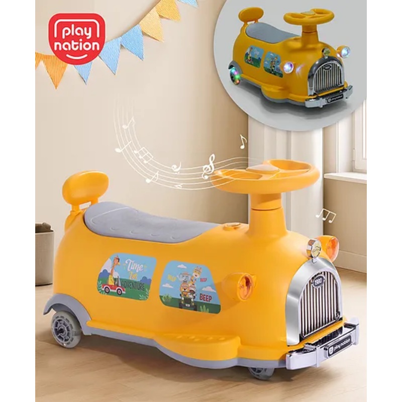 Play Nation Little Explorer Jungle Adventure Theme Kids Retro Swing Car| LED Lights and Music |Baby Magic Car|Toy Car | Push Car | Ride On Car |ABEC 7 Bearing|Weight Capacity Upto 50 Kg | Yellow