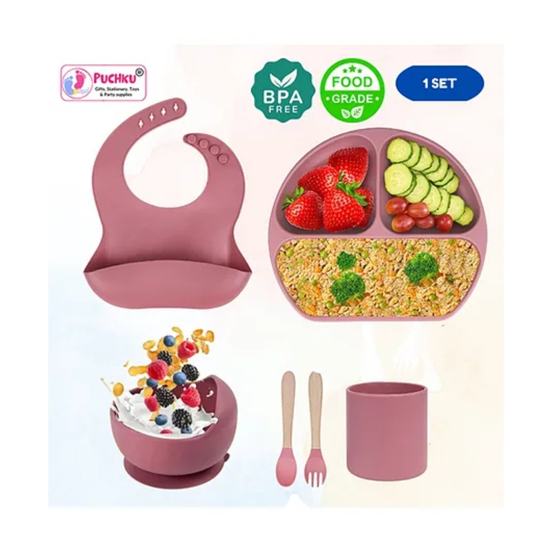 Puchku Premium 6 Pcs Silicone Baby Feeding Set, BPA Free & Microwave Safe Dinner Tableware Kit – Feeding Bowl, Suction Plate, Cup, Spoon, Fork & Bib for Kids ( Pack of 1, Dusky Pink)
