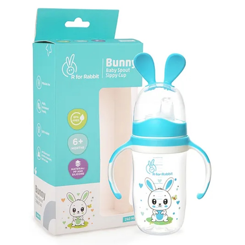 R for Rabbit Bunny Baby Spout Sippy Cup 240 ML Bottle, Soft Silicon PP Spout Sipper for Kids Age of 6 + Months – Blue