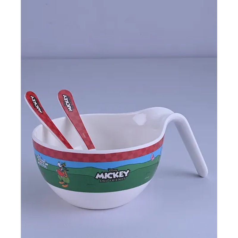 Servewell Mickey Theme Maggie Bowl With Handle And Spoon Fork – Multicolour (Color and design may vary)