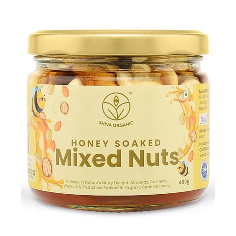 Shiva Organic Mixed Nuts in Honey (Almonds, Walnuts, Cashew, Pista) – Crunchy, Rich in Protein, Magnesium, Phosphorus, and Dietary Fibre | Energy Booster – 400 g