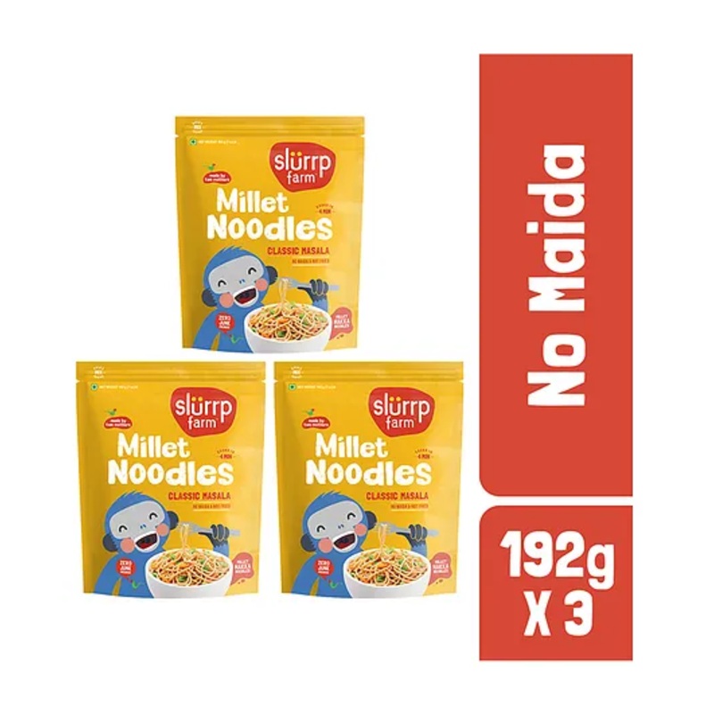 Slurrp Farm No MSG Not Fried Hakka Noodles Classic Masala Millet Noodles Pack of 3 – 192 gm Each