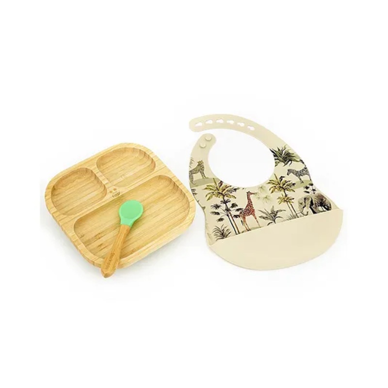 StarKiddo Slate Bamboo Suction Plates with Weaning Spoon and Cute Adjustable Printed Bib for Baby and Toddler – Green Beige