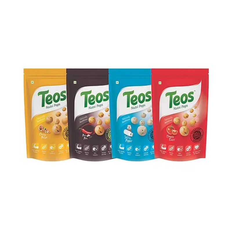 Teos Nutri Pops Roasted Makhana Cheesy Pizza Piri Piri Salt & Pepper & Tomato Twist Pack of 4 – 260 g