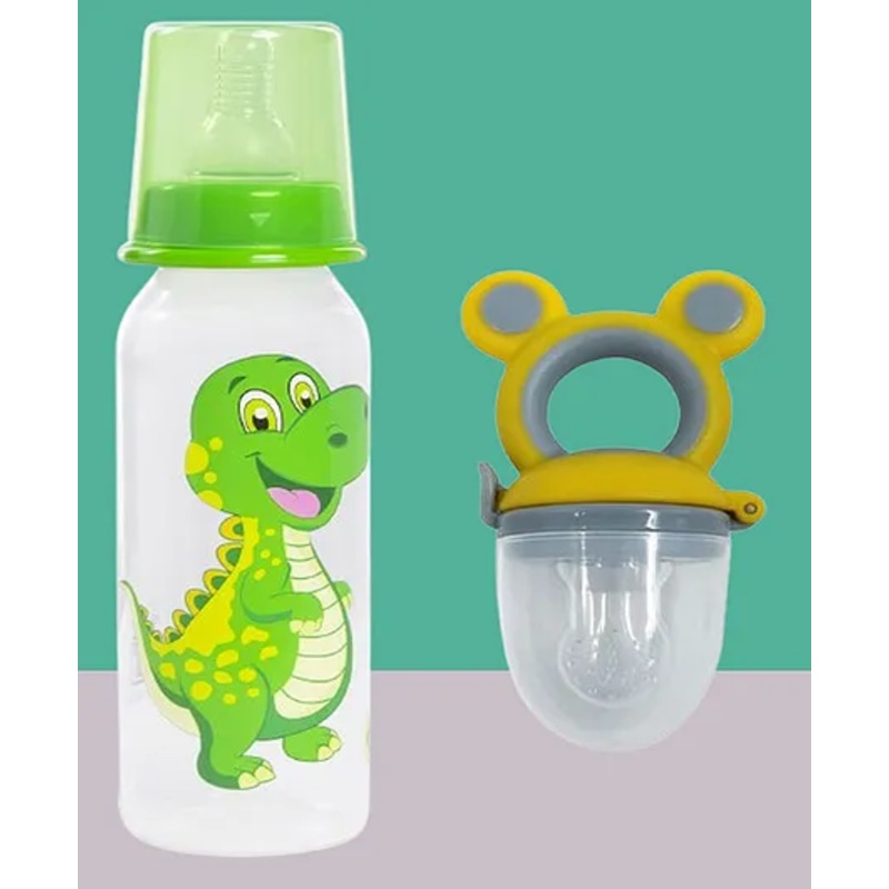 The Cheeky Kidzz Baby Silicone Soother Fruit Vegetable Food  Nibbler Teether with Feeder 250ml Bottle BPA Free(GREEN)