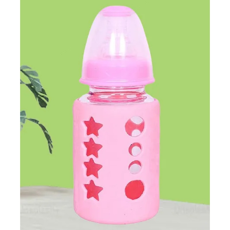 The Cheeky Kidzz Borosilicate Glass Feeding Bottle BPA Free Cover Sleeve & Anti-Colic Nipple – 120 ml  (Pink)