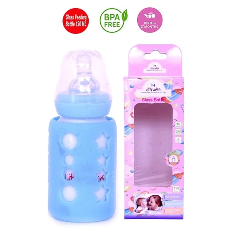 The Little Lookers Glass Feeding Bottle With Silicone Warmer Cover Blue – 120 ml