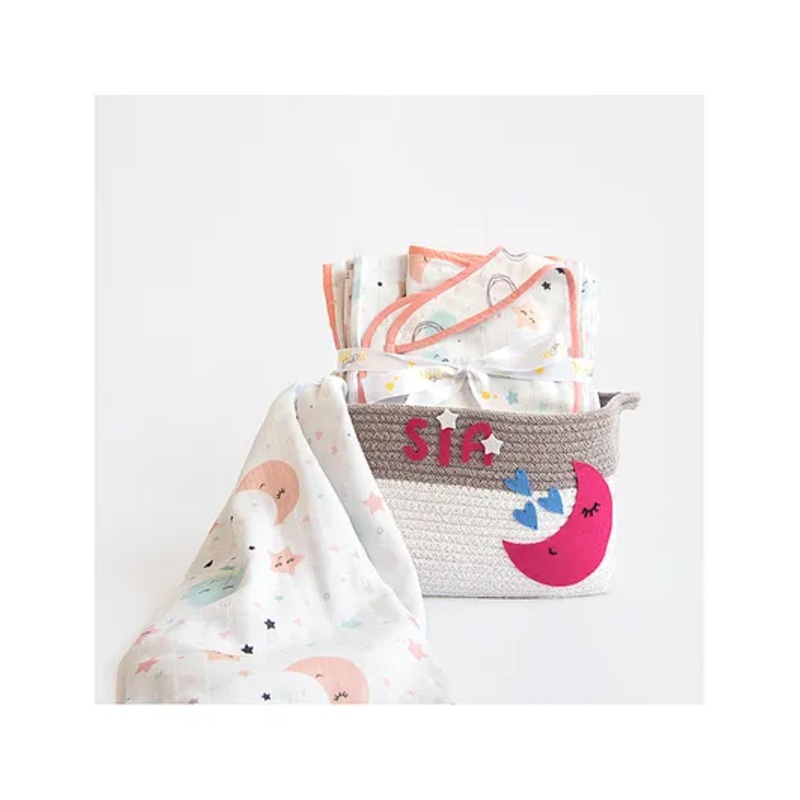 Yellow Doodle In The Sky Organic Cotton Muslin Gift Basket – Peach