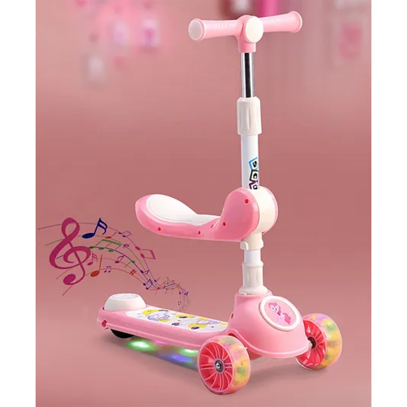 2 in 1 Kids 3 Wheel Kick Scooter – Pink| Foldable Seat with LED| 3 Level Adjustable Handle| Foldable Design| Toy for 3 to 10 Yrs Boys & Girls| Sport Gift| Physical Activity| Wide Deck| Lean-to-Steer