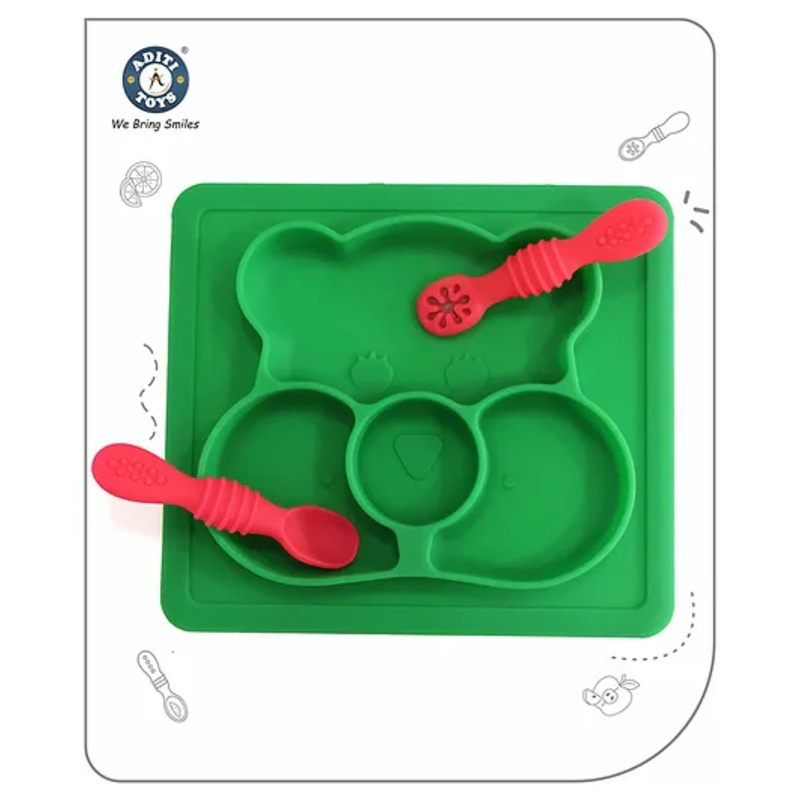 Aditi Toys Square Baby Food Tray, Silicon Food Plate With Multiple Compartments & Two Spoons Silicone Plate For Feeding Baby, Easy To Clean Silicon Plate Microwave & Dishwasher Safe – Dark Green