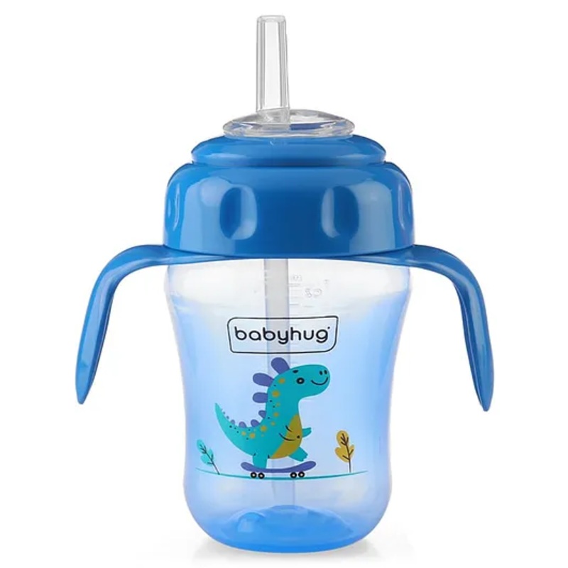 Babyhug Dino Printed Sipper Bottle With Silicone Spout & Straw Blue – 210 ml