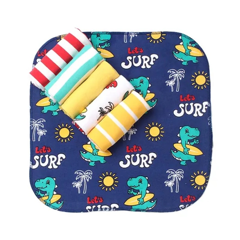 Babyhug Knit Terry Wash Cloths With Stripes & Dino Print Pack of 6 L 25.4 x B 25.4 cm – Navy Blue & Yellow