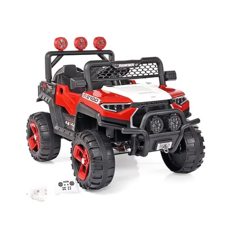 Battery Operated Ride On 4X4 Jeep with Music and Lights – Red | Openable Wing Doors| Wide Comfortable Seat| Pre-loaded Music with USB & AUX| Easy to Assemble| Easy to Operate| Forward & Reverse Drive| Rechargeable Battery