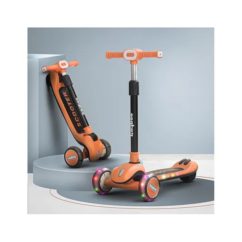 Baybee Cruze Pro Kick Scooter for Kids | Foldable Kids Scooter with 3 Height Adjustable Handle & Brake | Skate Scooter with Lights & Music | Runner Scooter for Kids (Orange)