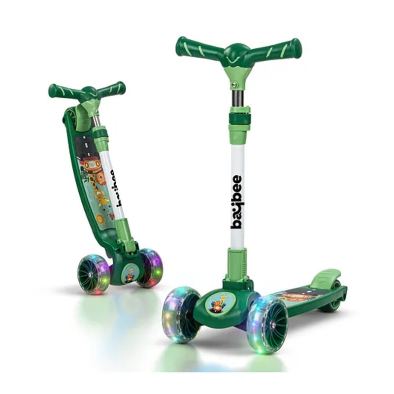 BAYBEE Kitty Kick Scooter for Kids, Foldable Kids Scooter with 3 Height Adjustable Handle & Music, Skate Scooter with LED PU Wheels & Brake (Green)