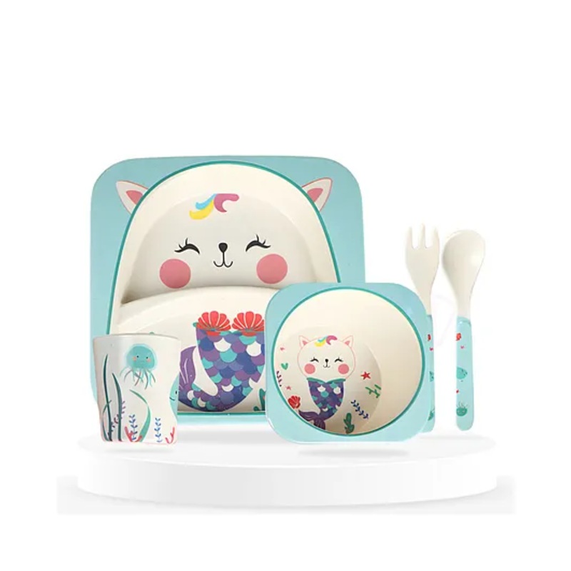 Bembika Baby Self Feeding Essential Baby Dinnerware Bamboo Fibre Dinner Set For Kids For Kids And Toddlers Cute Mermaid Pack Of 5 – (Sky Blue)