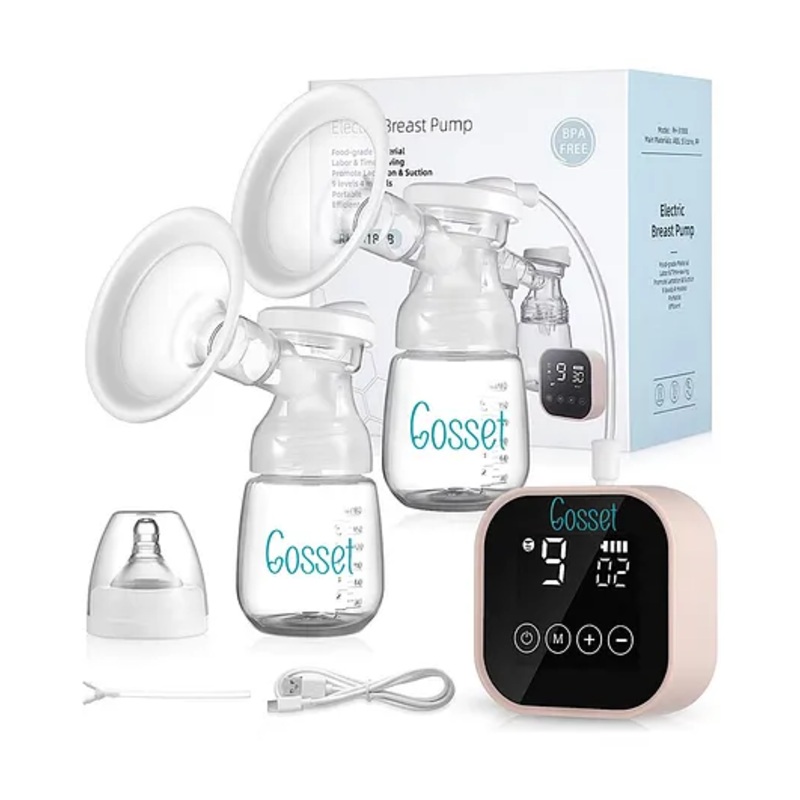 Cosset Double Electric Breast Pump for Feeding Mothers with 4 Phase Pumping and 9 Levels Each | Electric Breast Pump Automatic | Rechargeable Battery, Soft Silicone Cushion,BPA Free