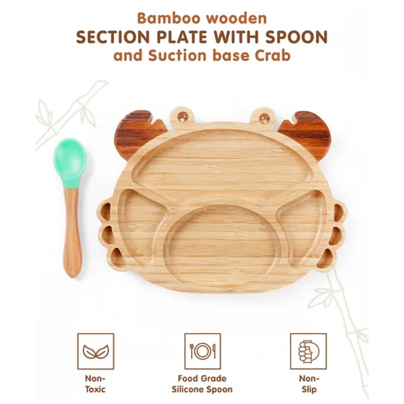 Crab Shaped Bamboo Wooden 2 Compartment Section Plate with Spoon Suction Base – Beige & Green