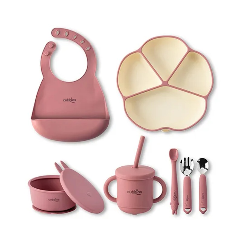 CUBKINS Essential Feeding Set of 7 Pcs – Plate, Bib, Bowl, Sippy Cup, SS Fork, SS Spoon, Bendable Spoon | Designed for Children | BPA Free, Food Grade, FDA Approved | Easy to Clean (Raspberry)