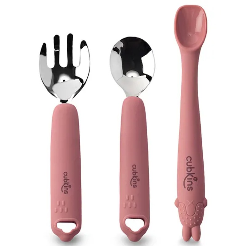 CUBKINS Set of 3 pcs – SS Spoon, SS Fork, Early Feeding Bendable Spoon | Designed for Babies, Infants & Toddlers | BPA Free, Food Grade, FDA Approved | Easy to Clean (Raspberry)