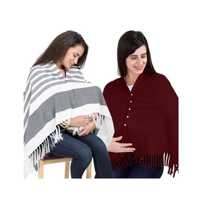 Lulamom Multi-Purpose Breast Feeding Nursing Shawl – Pack of 2 (Grey stripes & Maroon solid)