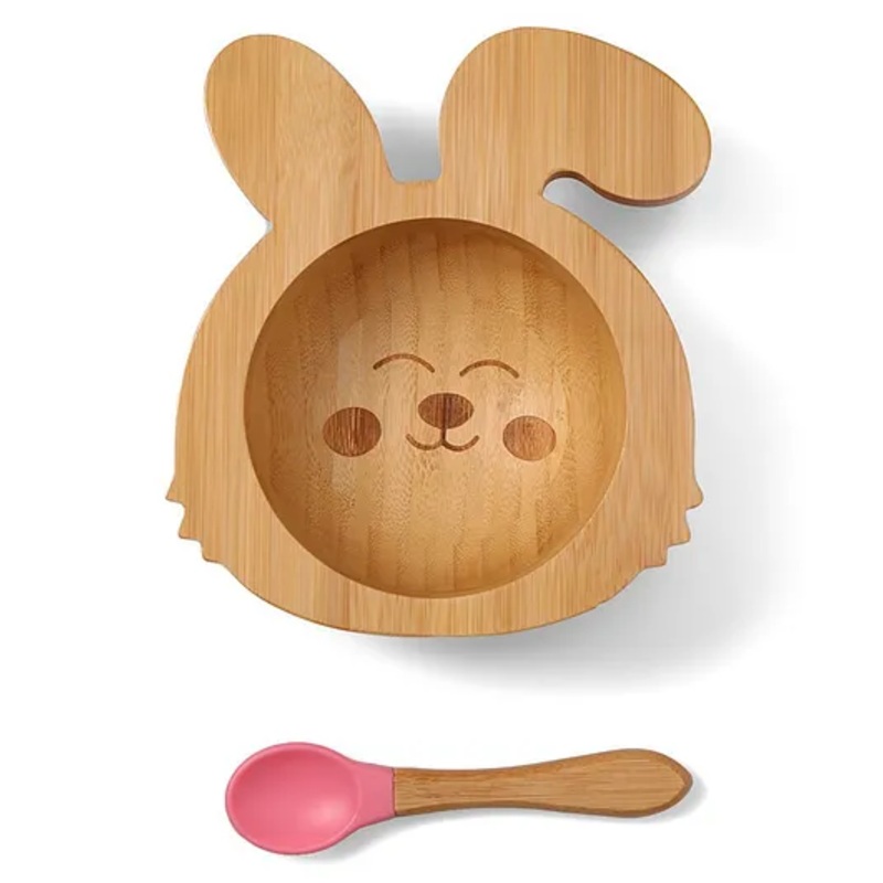 Rabbit Shaped Bamboo Wooden Bowl with Spoon – Pink