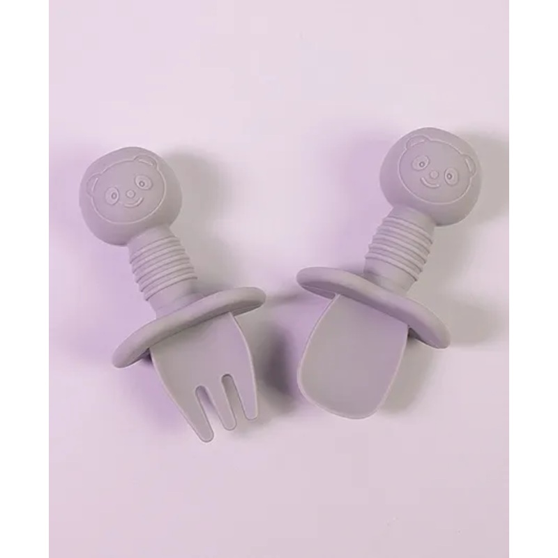 Silicone Fork & Spoon Set With Bear Handle – Grey
