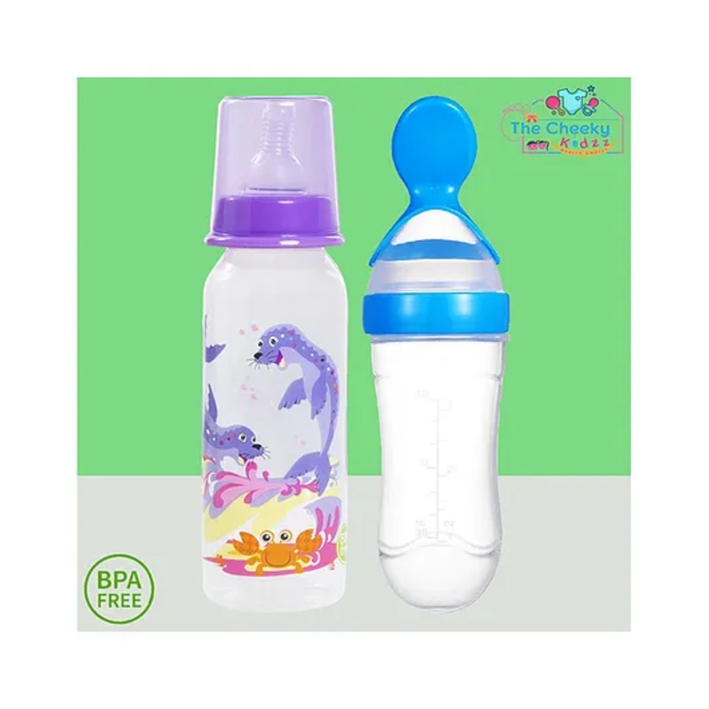 The Cheeky Kidzz Baby Soft Silicone Squeeze Spoon Feeding Bottle With Attractive Anti Colic Nipple Printed Feeding Bottle 250ml BPA Free (PURPLE)