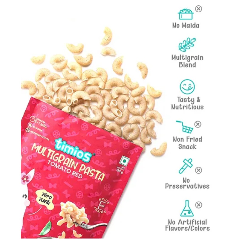 Timios No-Maida Multigrain Tomato Red Instant Macaroni Pasta | Healthy Pasta made With Brown Rice and Corn | No Preservatives | No Artificial Colors & Flavors | No Trans Fat | 195 g