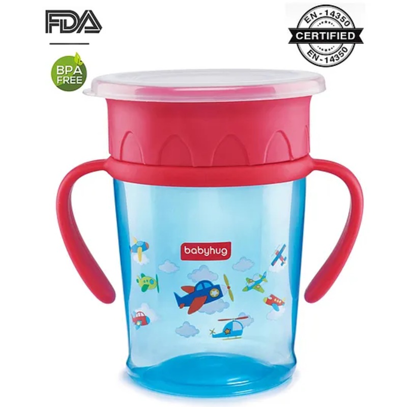 Babyhug 360 Spill-Proof Training Sipper Cup with All-Round Drinking Edge, Blue & Red  360 ml | Spill Resistant | BPA Free | Soft Silicone | Dual Handle |EN Certified