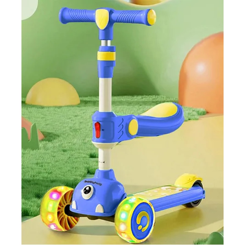 Babyhug Leo 2 in 1 Kids 3 Wheel Kick Scooter with Foldable Seat with LED – Blue| 3 Level Adjustable Handle| Foldable Design| Toy for 3 to 12 Yrs Boys & Girls| Sport Gift| Physical Activity| Wide Deck