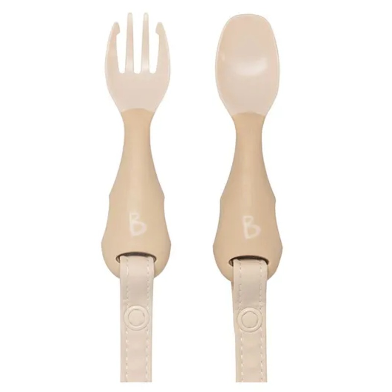 BiBaDo Handi Cutlery Set for Baby – Easy-Grip Spoon & Fork with Attachable Straps – Brown