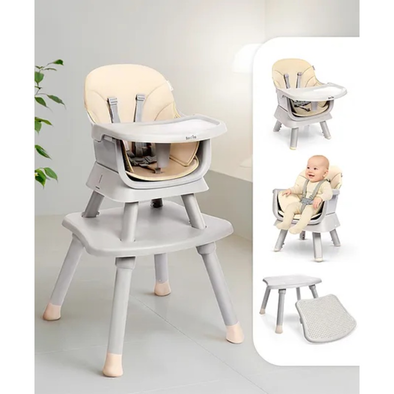 Bonfino Bliss 6-in-1 High Chair – Convertible Booster & Dining Chair, Study & Game Table with Removable Game Tray with Grooves – Grey| Anti-skid Legs| Removable Seat Cover| 5-point Safety Harness
