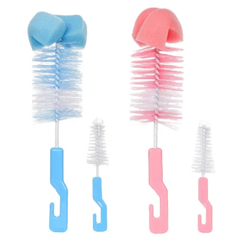 Chinmay Kids 4 Pcs Baby Milk Bottle Brush Nipple Straw Cleaner Sponge Flexible Handle & Bristles Brush Cleaner – Pink & Blue