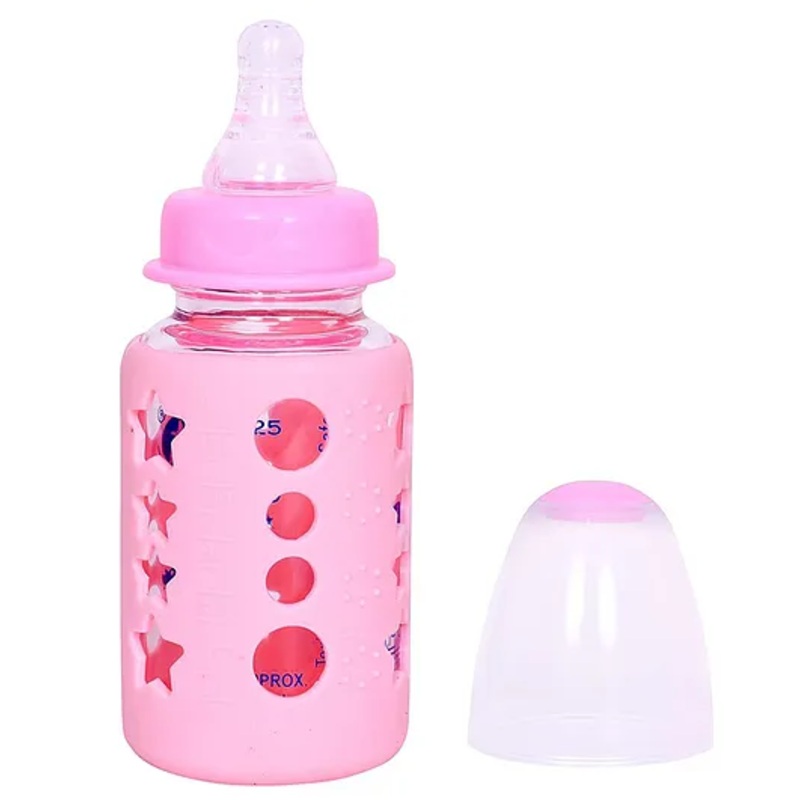Fantasy India Premium Glass Baby Feeding Bottle for Kids Ultrasoft Nipple Glass Feeding Bottle with Silicone Cover Feeding Bottle for Milk and Baby Drinks No Leakage ML & OZ Marking (Color :- Pink, 120 ml)
