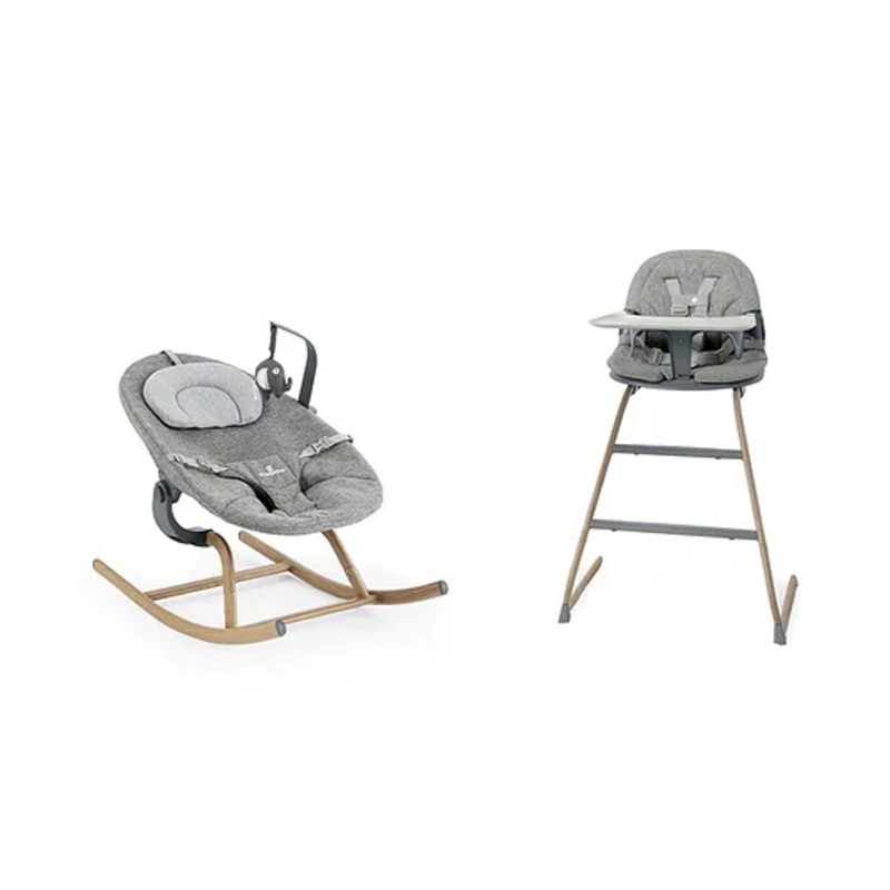 Growgether Gravity High Chair & Baby Rocker Newborn Combo, Ergonomic High Chair (6M-5Y) with 5-Point Harness + Rocker (0-6M) with 3-Position Recline | Tool-Free Click System, Washable Covers – Grey